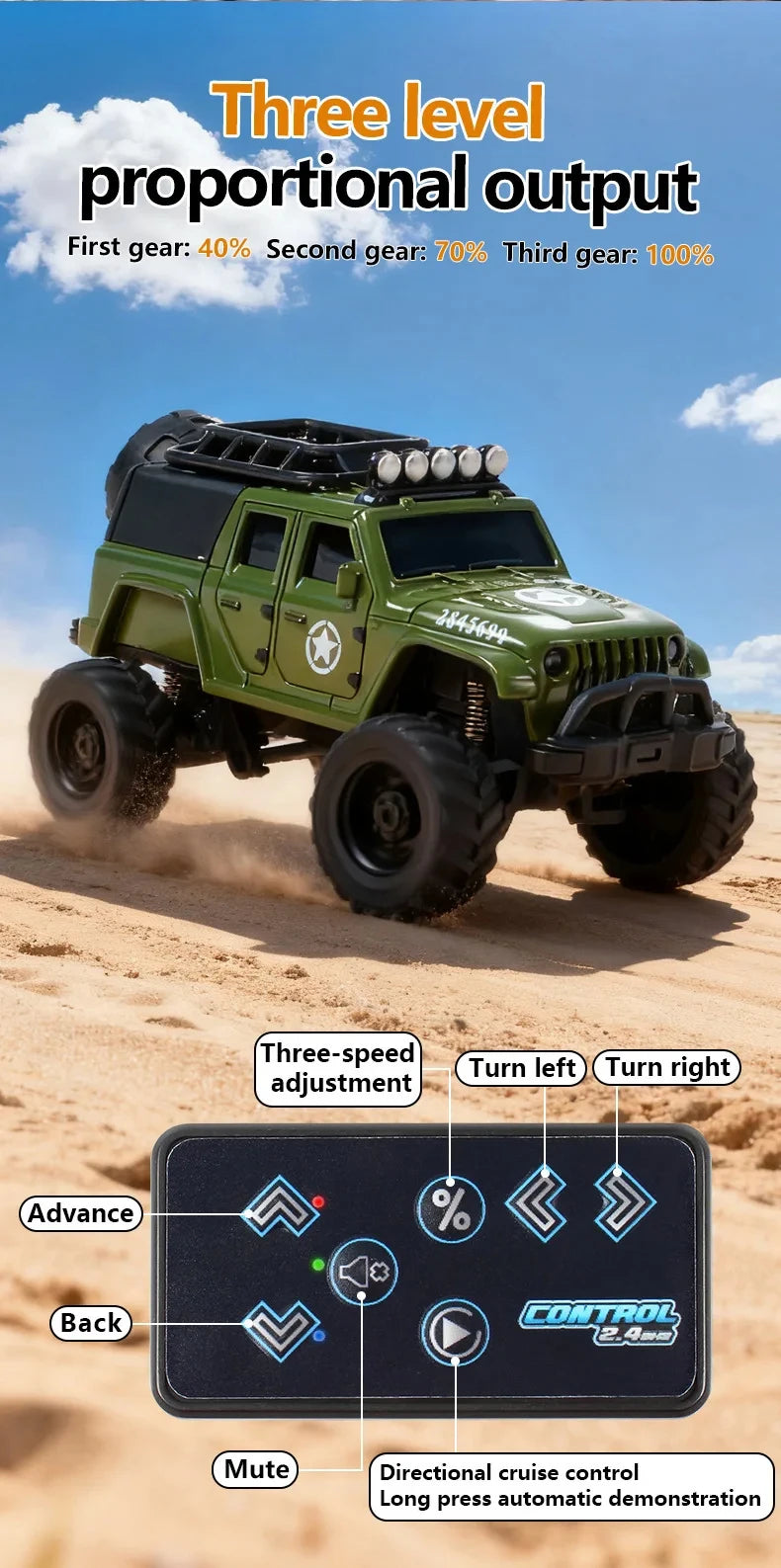 A green off-road RC car is shown with a control panel demonstrating three-level proportional output for speed adjustment.