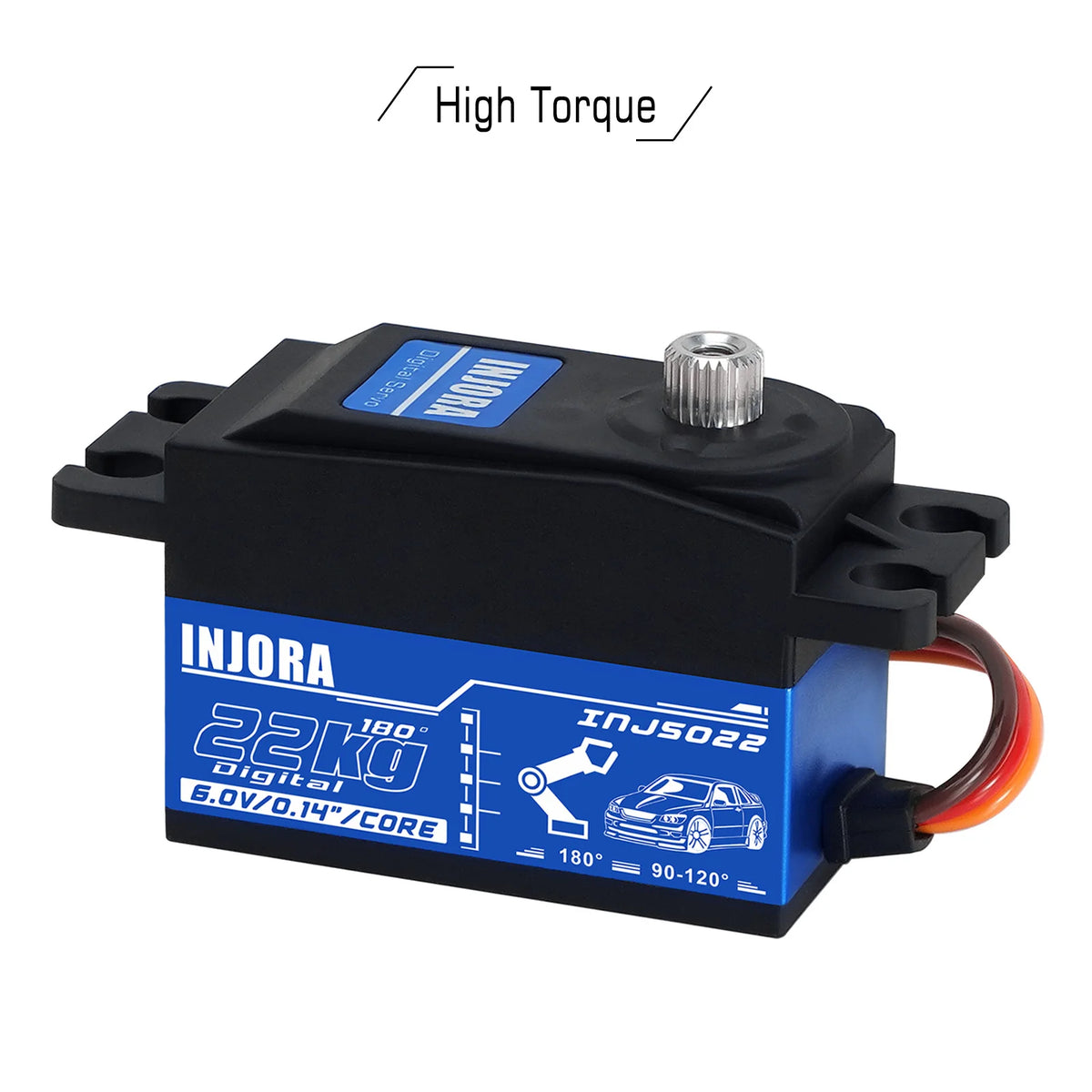 Black INJORA digital servo with a metal shaft and orange wire for RC applications
