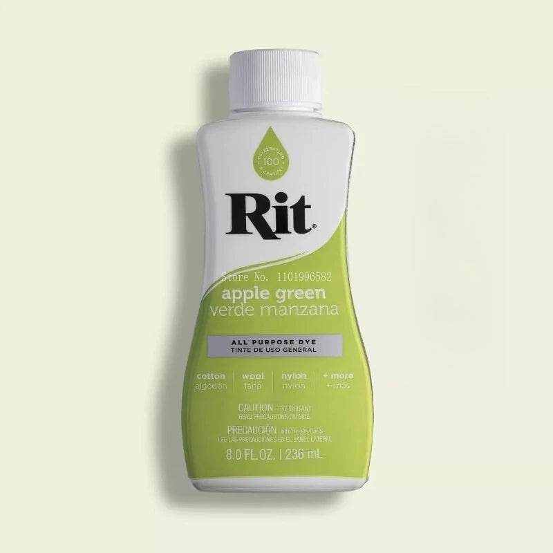 A bottle of Rit apple green dye for fabric is shown against a light background.
