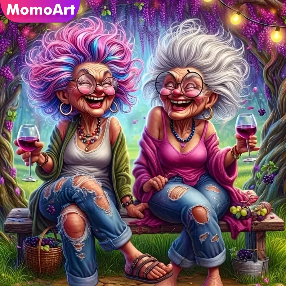 A vibrant painting of an elderly woman with bright pink hair smiling, created using a mosaic art technique.