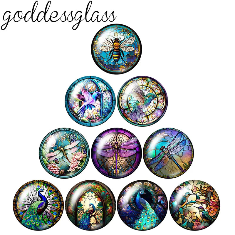 A collection of ten round glass cabochons featuring various insect and nature designs for jewelry making.