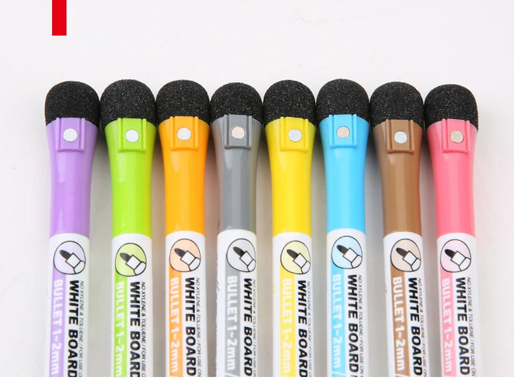 A set of magnetic dry-erase whiteboard markers in various colors including purple, lime green, orange, gray, yellow, blue, br