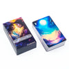 A box of the Divine Celestial Tarot Card Deck featuring an illustration of two women against a cosmic background.