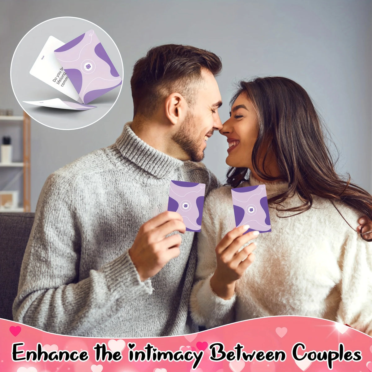 A couple smiling while holding purple conversation cards for a date night game.