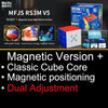 Boîte de puzzle magnétique MFJS RS3M V5 avec cubes colorés et accessoires, présentée sur une surface sombre.