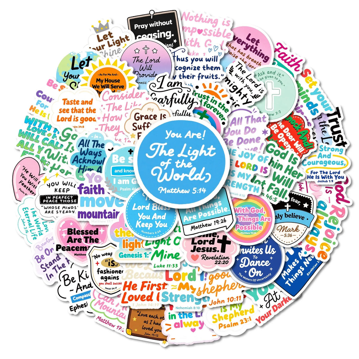 A circular arrangement of inspirational Bible verses and phrases on colorful stickers.