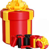 A red gift box with a yellow ribbon and gold bow, surrounded by several nested black and red screw-top boxes.