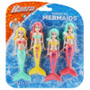 A set of four plastic mermaid dive toys featuring different colored hair and tails for pool fun