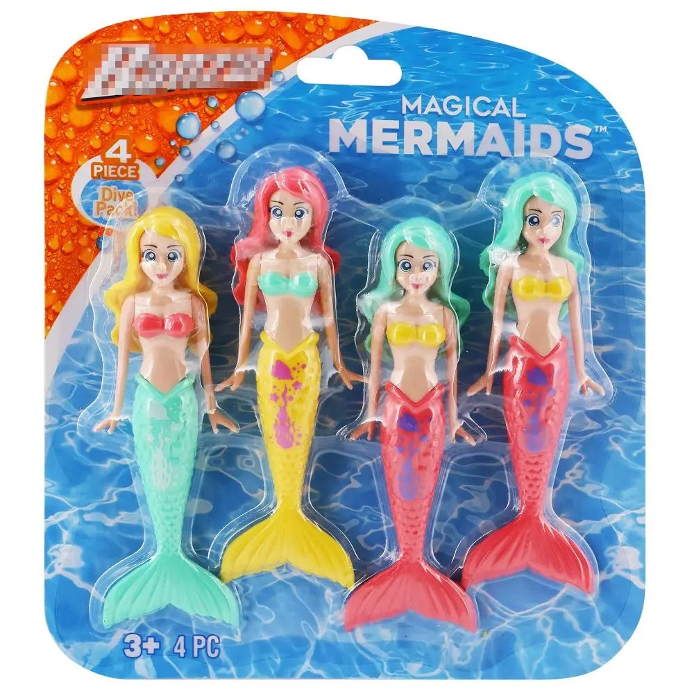 A set of four plastic mermaid dive toys featuring different colored hair and tails for pool fun