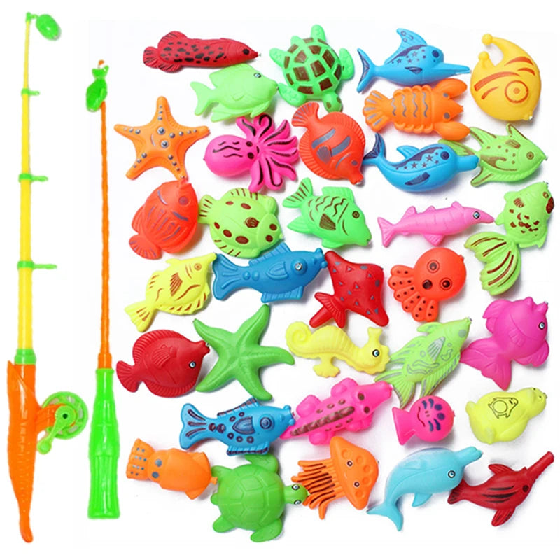 A set of colorful magnetic fishing game toys including fish, starfish, and sea creatures for kids
