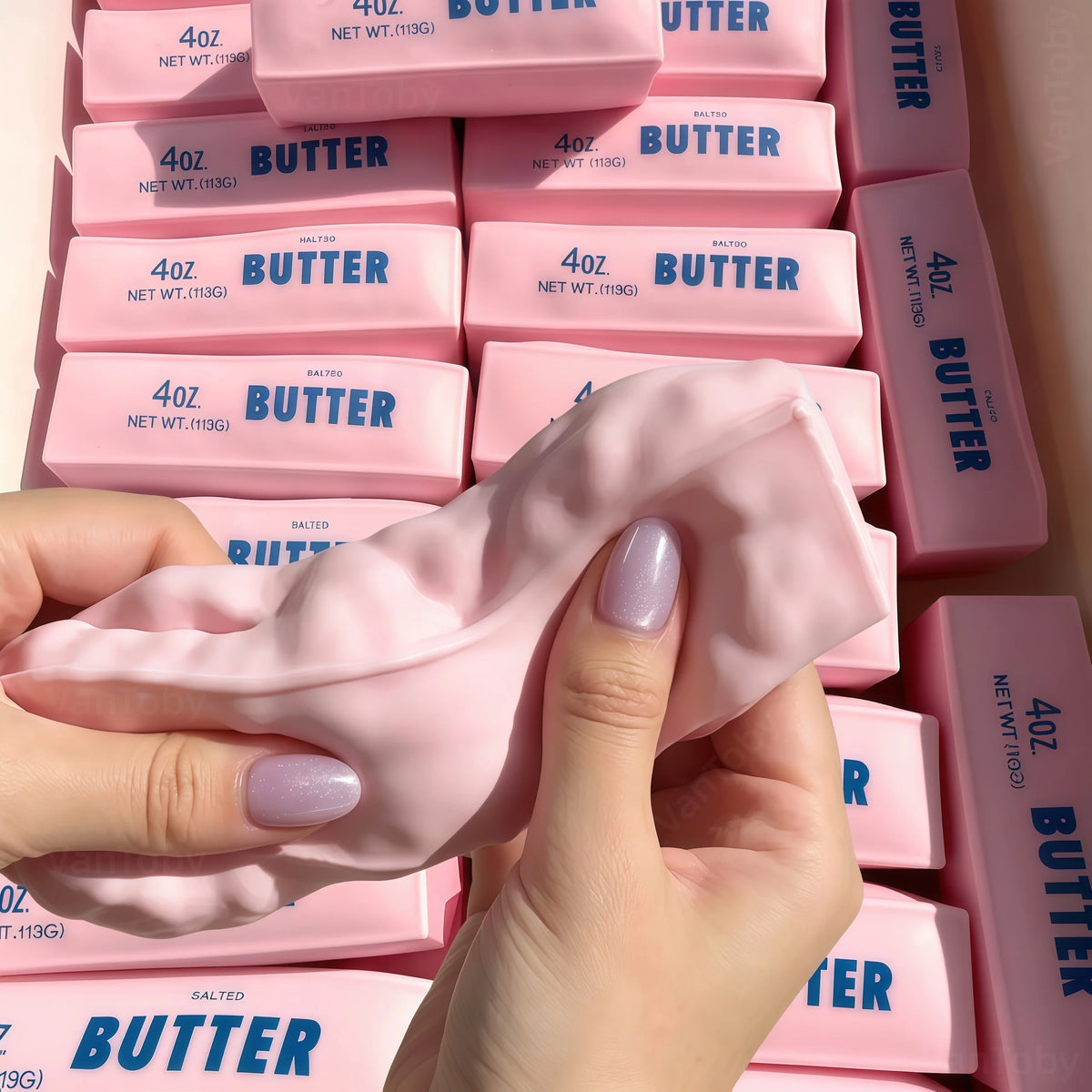 Pink moldable butter stress relief squeeze toy blocks are shown being held by a hand.