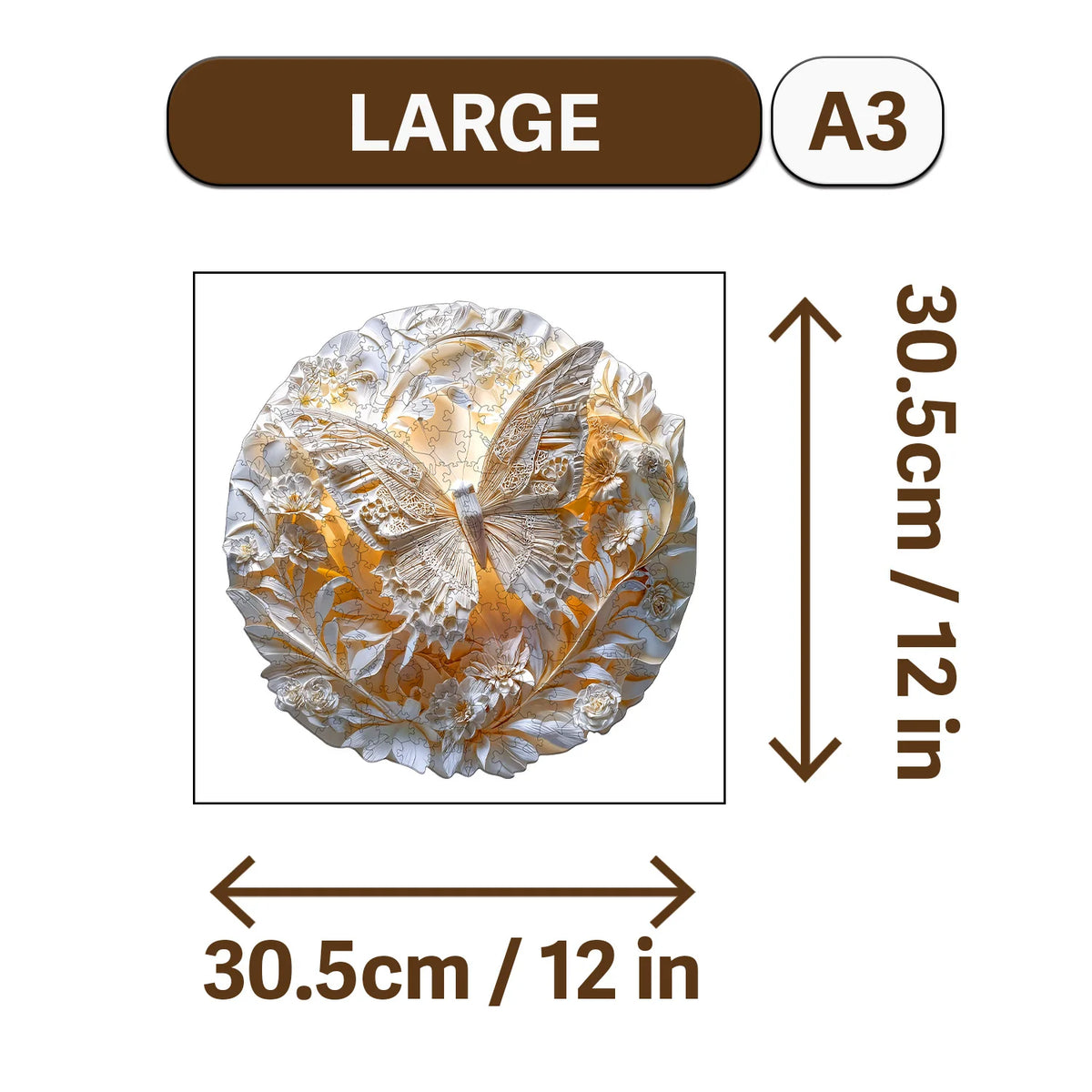 A large wooden jigsaw puzzle of an elephant flower in gold and white tones.
