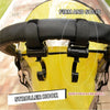 A yellow helmet shows two black stroller hooks attached, demonstrating firm and solid protection.