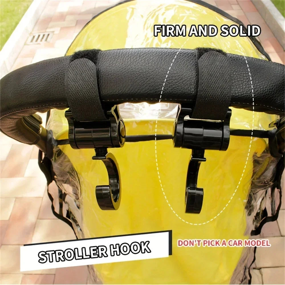 A yellow helmet shows two black stroller hooks attached, demonstrating firm and solid protection.
