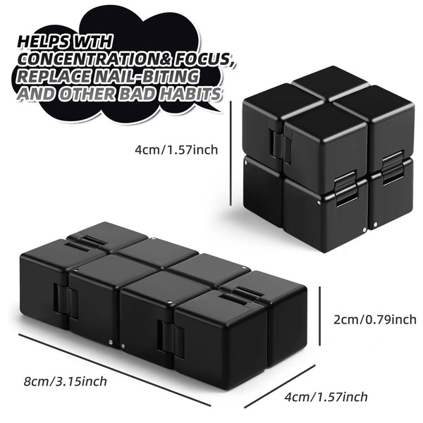 A black infinity sensory fidget cube shown in various arrangements and dimensions.