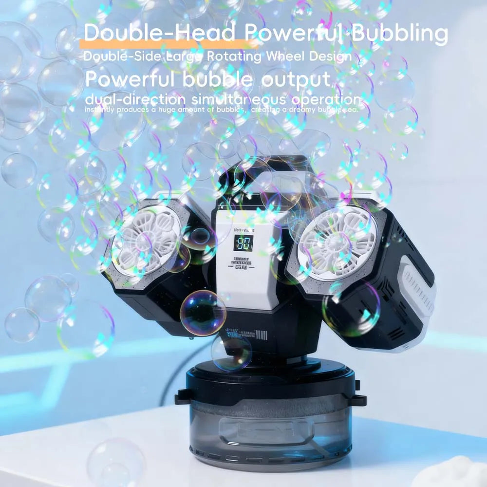 Machine à bulles avec télécommande noire produisant beaucoup de bulles et des effets lumineux éclatants.