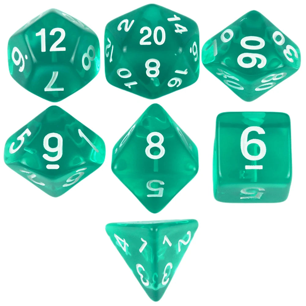 A set of six green acrylic dice showing various numbers and shapes.