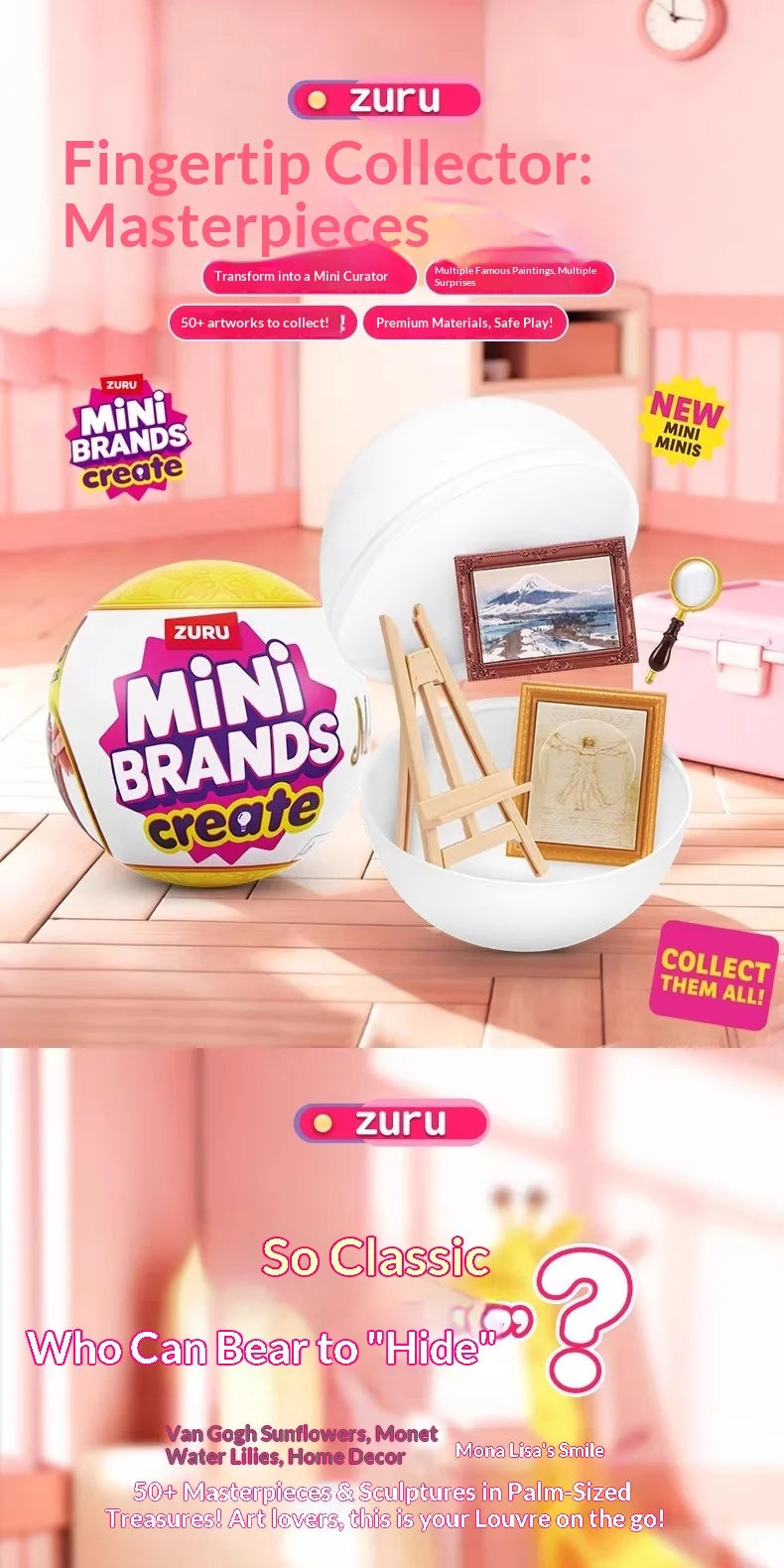 ZURU Mini Brands Masterpieces collectible ball featuring miniature art pieces and wooden sculptures