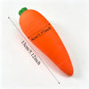 An orange carrot squishy toy with green top, showing its dimensions.