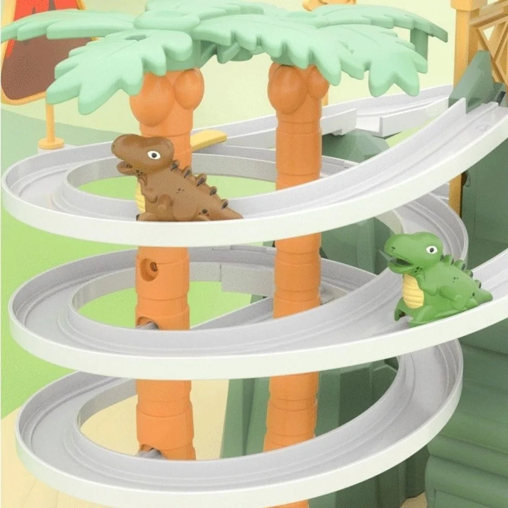 An electric dinosaur race track toy featuring orange tree trunks and white curved tracks with dinosaurs on them.