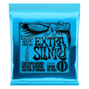 A blue foil package of Ernie Ball Extra Slinky nickel wound electric guitar strings.