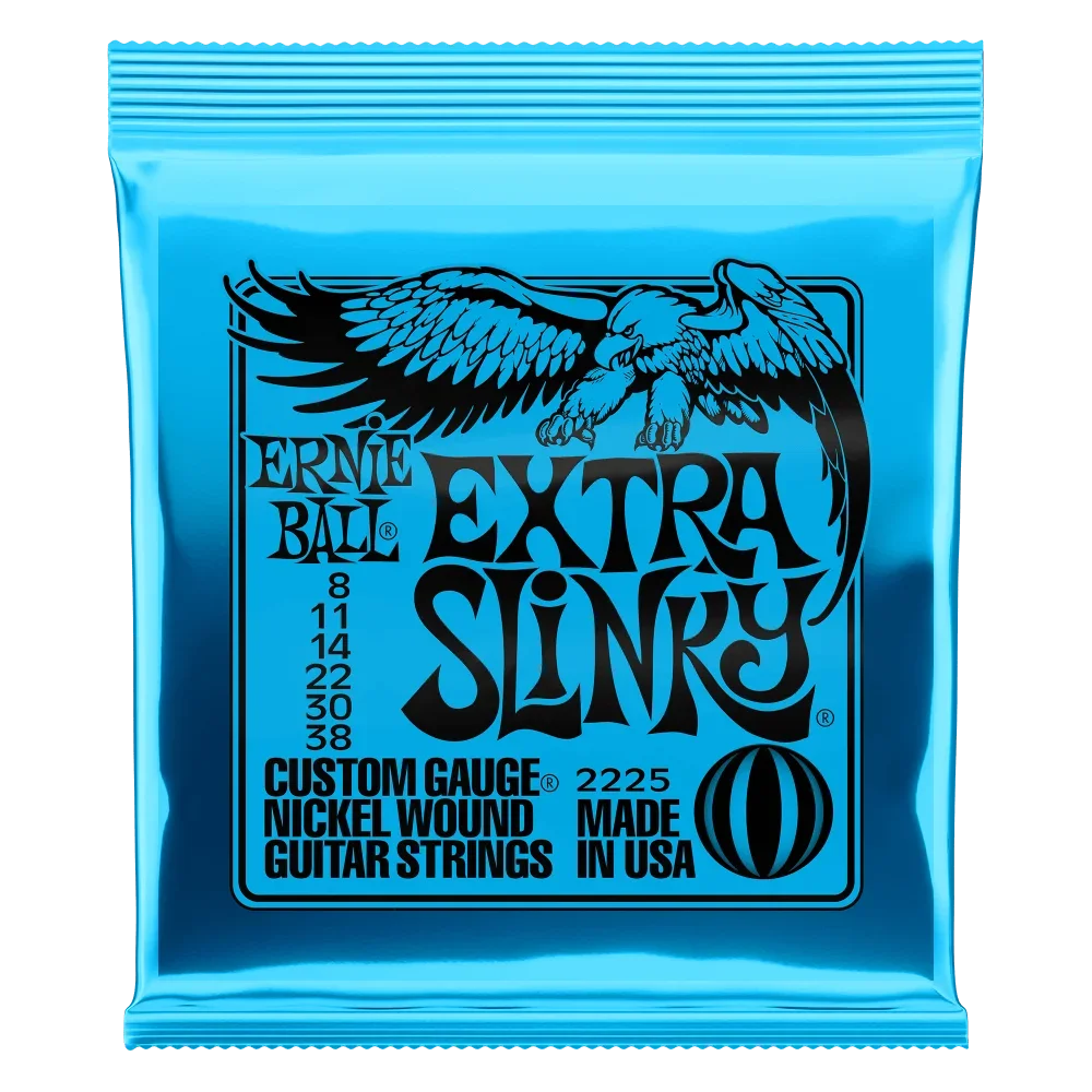 A blue foil package of Ernie Ball Extra Slinky nickel wound electric guitar strings.