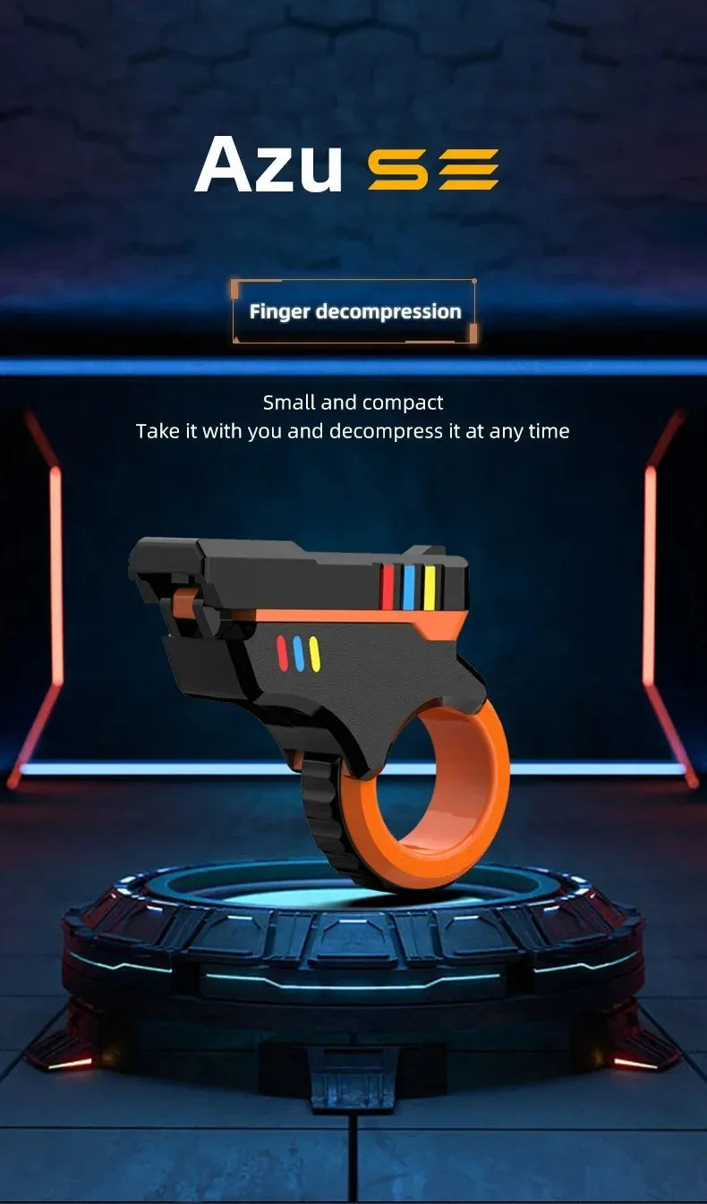 A black magnetic fidget card with an orange spinner resting on a dark circular base.