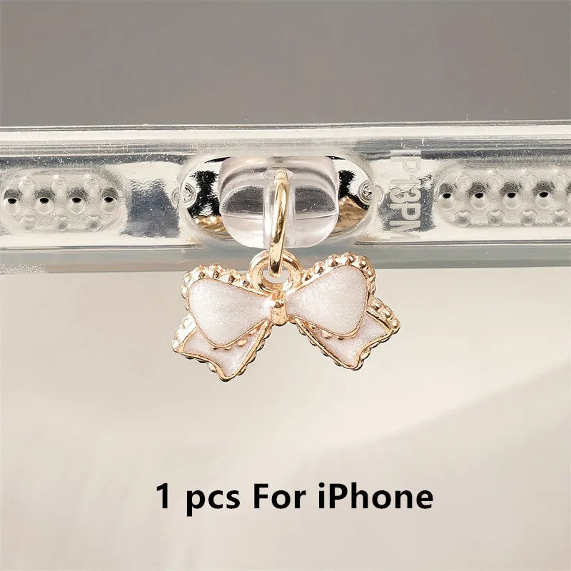 Pink & White Bowknot Phone Dust Plug