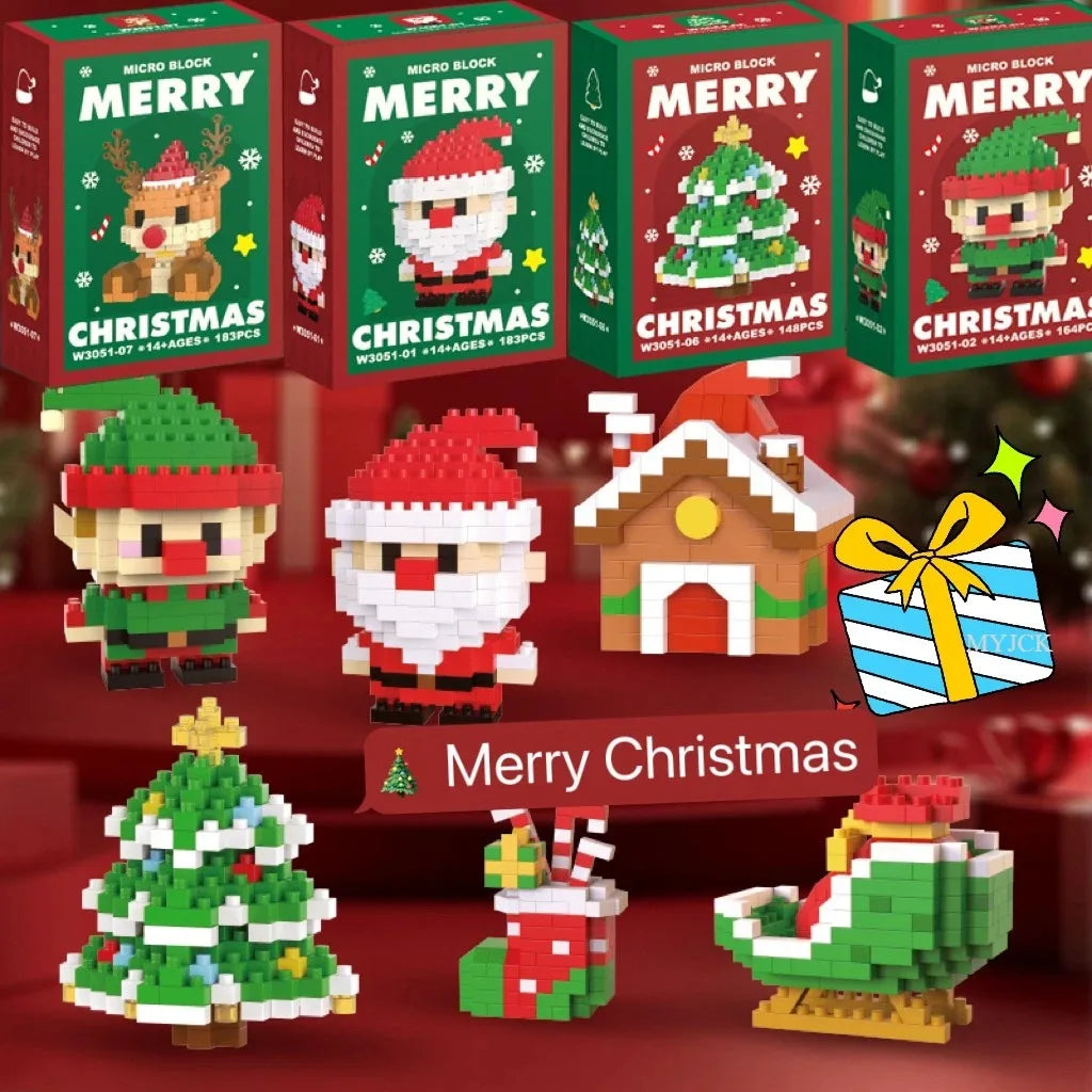 A collection of Christmas themed micro building blocks featuring Santa, reindeer, and a decorated Christmas tree.