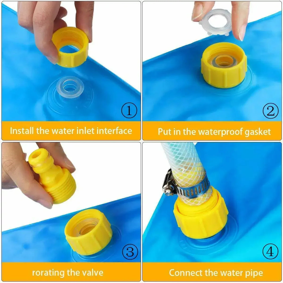 Four steps showing how to install and connect a water inlet interface for an inflatable sprinkler play mat