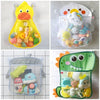 A clear storage bag with a duck and frog toy featuring suction cups for bathroom use.