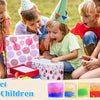 A group of children are excitedly playing with colorful liquid sensory play mats and containers outdoors.