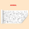 A roll of kids sticky coloring paper featuring various animals like a hedgehog, a sloth, a bird, and a lamb.