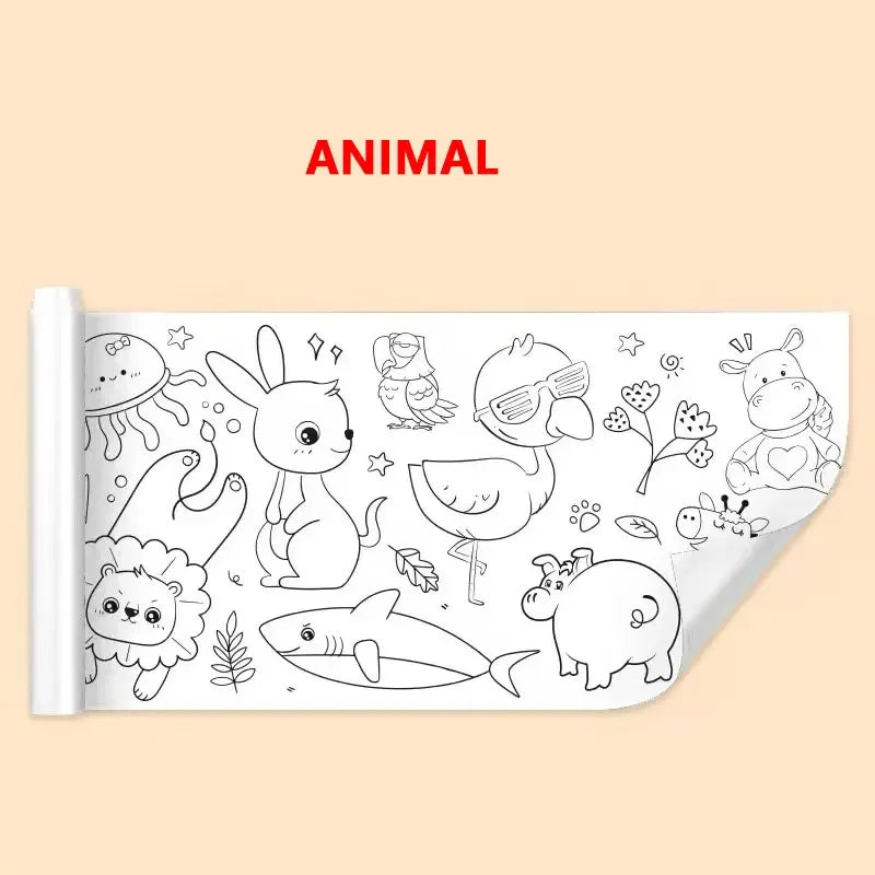 A roll of kids sticky coloring paper featuring various animals like a hedgehog, a sloth, a bird, and a lamb.