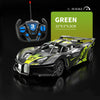 A black and yellow high-speed remote control drift racing car model with a steering wheel and throttle visible.