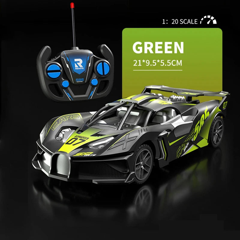 A black and yellow high-speed remote control drift racing car model with a steering wheel and throttle visible.