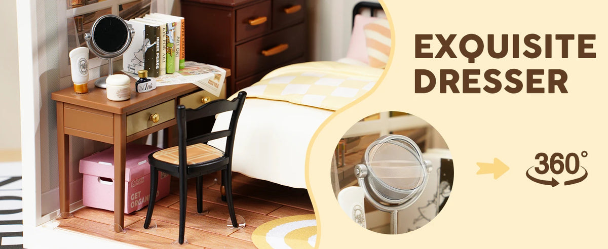 Exquisite dresser featuring a miniature dollhouse kit with LED lighting.