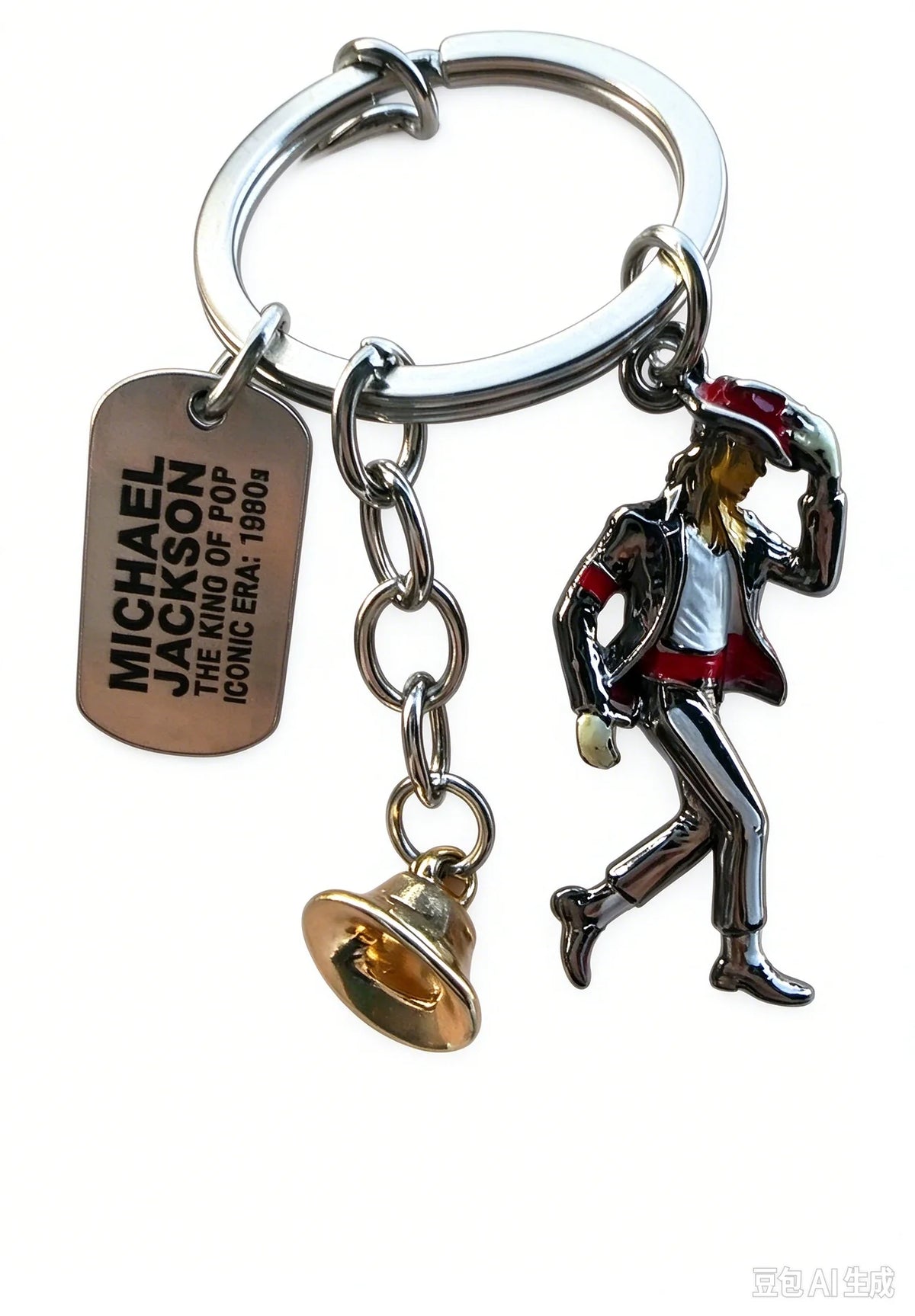 A silver keychain featuring a figure of Michael Jackson and a gold-colored hat.