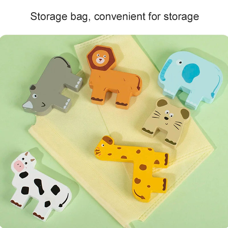 A collection of wooden animal shapes in various colors, including elephants, lions, tigers, and a cow, laid out on a yellow c