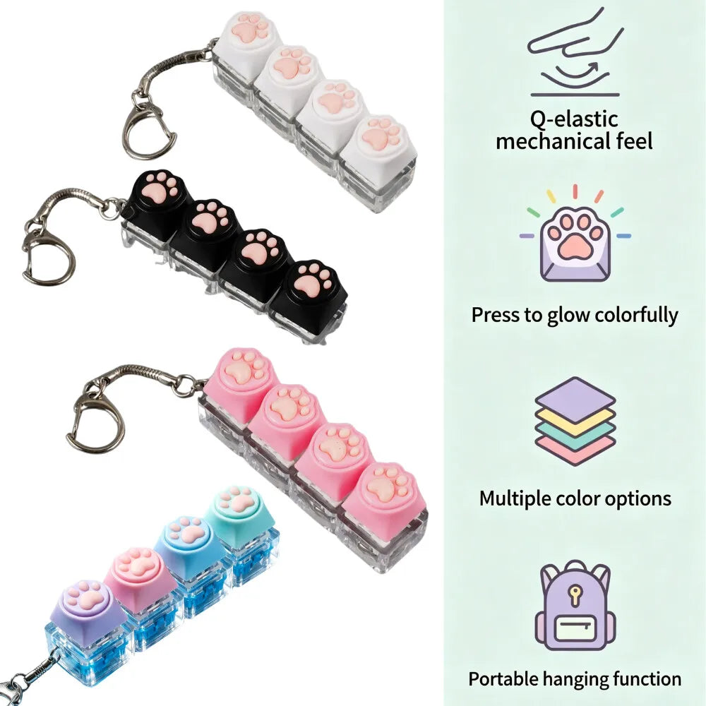 A set of LED light-up keycap fidget keychains showing various colors and functions like mechanical feel and glow
