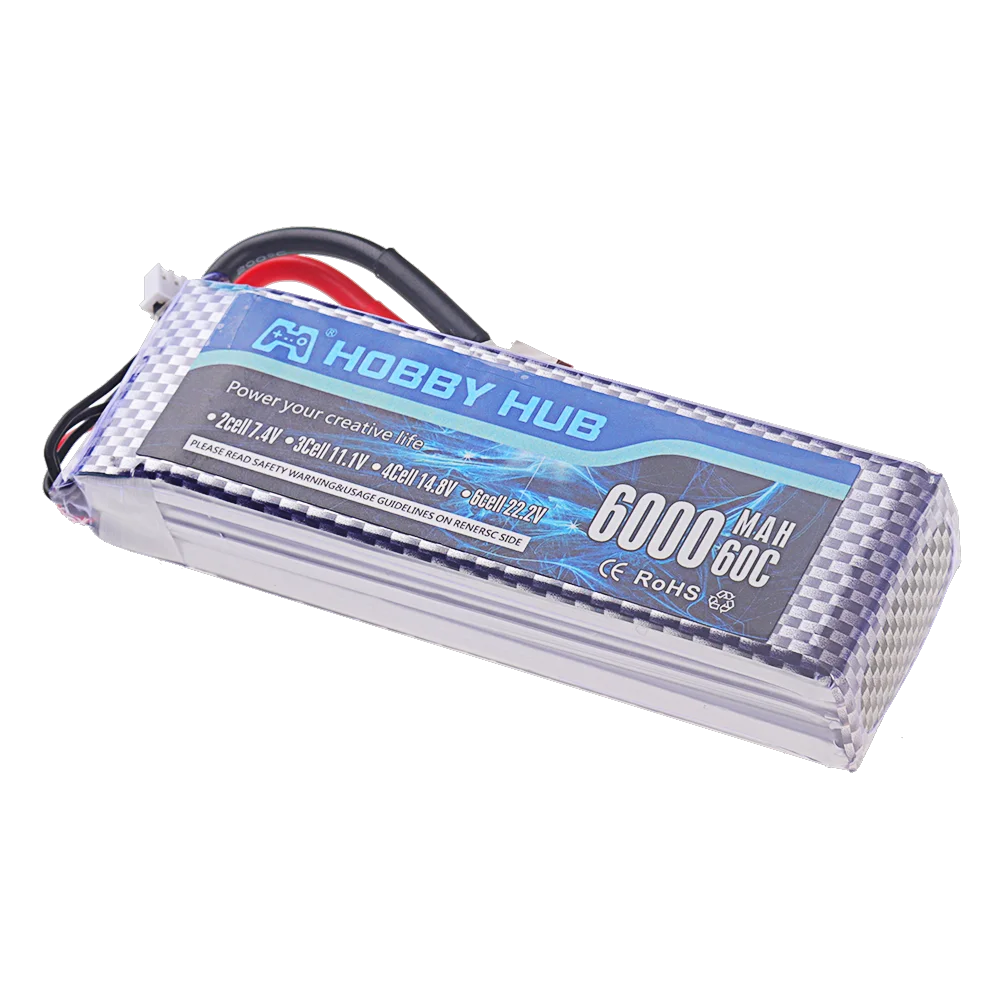 A white hobby hub LiPo battery pack with various cell options and safety warnings.