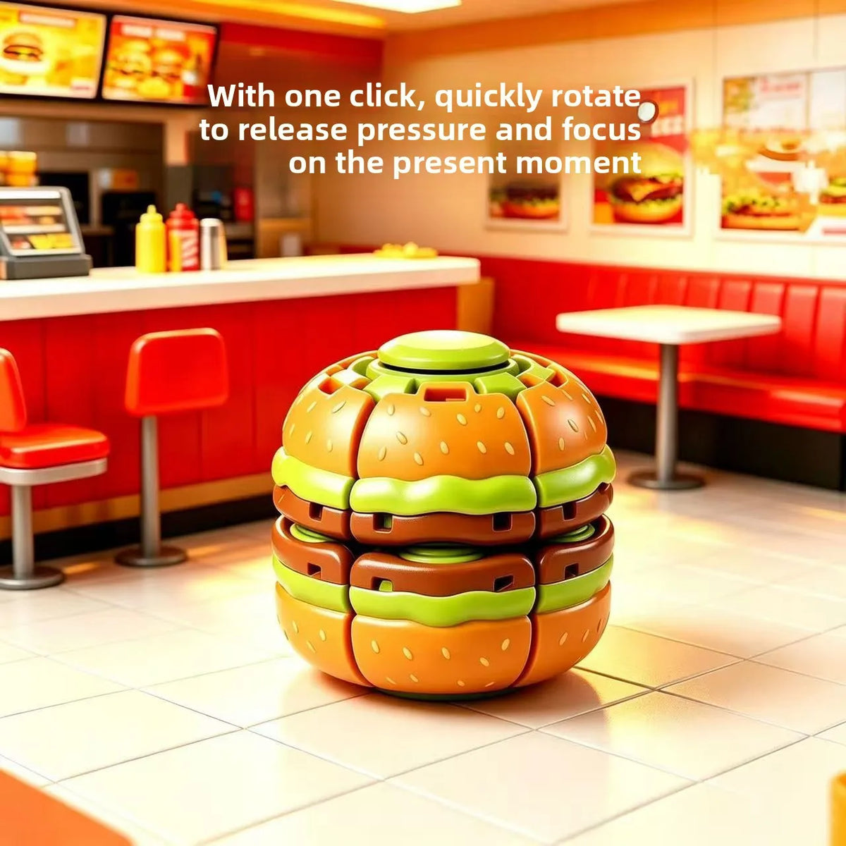 An orange and green burger-shaped spinner toy used for stress relief and focus.