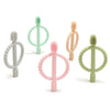 A collection of soft silicone baby teethers in various pastel colors, including green, pink, and beige.