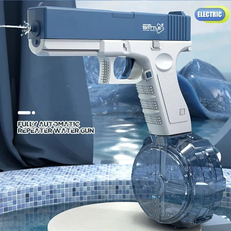 A light blue electric water blaster gun is shown resting on a tiled surface with a blurred background.