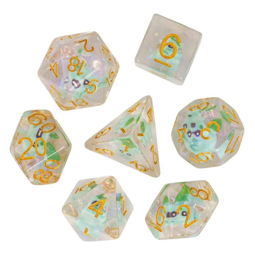 A set of translucent, mushroom-themed polyhedral dice showing various numbers and colors.