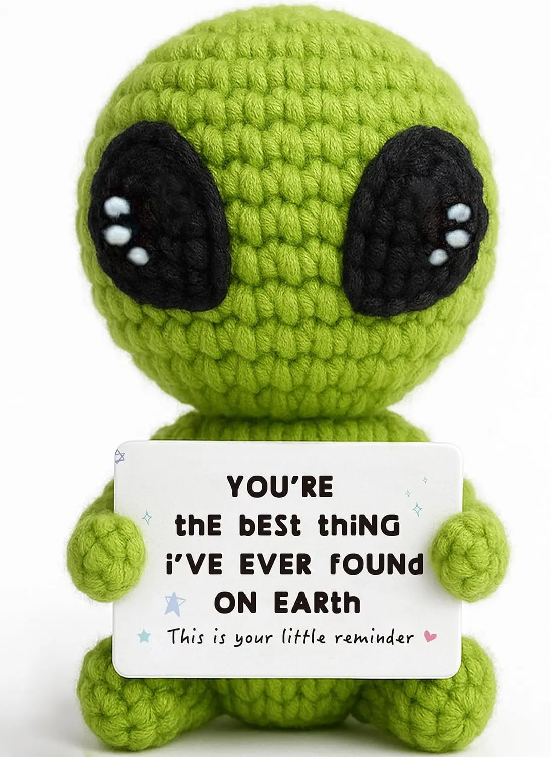 Handmade crochet positive alien pocket hug gift in lime green color