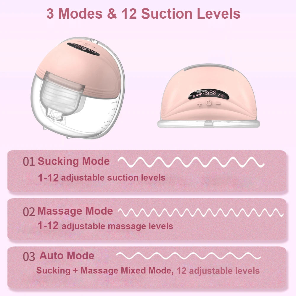 A pink hands-free wearable breast pump device showing three modes: Suction, Massage, and Auto.