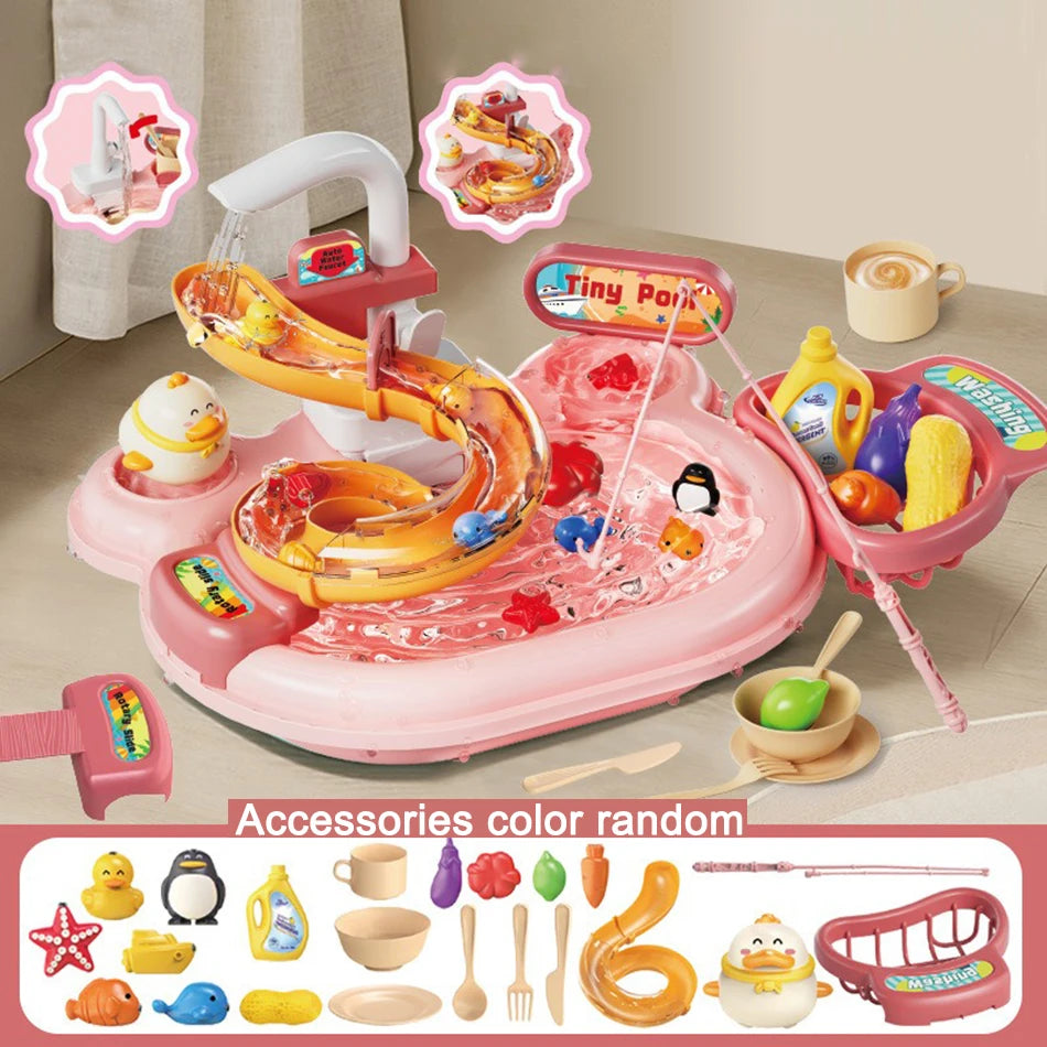 Pink interactive kids kitchen sink toy with running water and fishing game accessories
