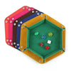 A set of six colorful hexagonal dice trays made of PU leather stacked together.