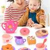 A set of 27 pretend play tea party items including cups, teapot, and food items for children.